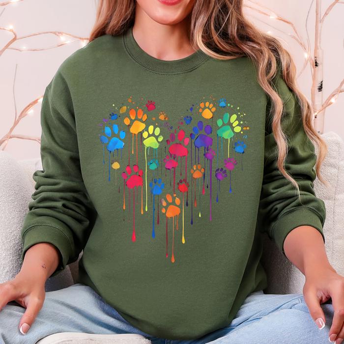 Colorful Dog Paw Print Heart Love Valentine's Day Cozy Graphic For Dog Lovers Sweatshirt