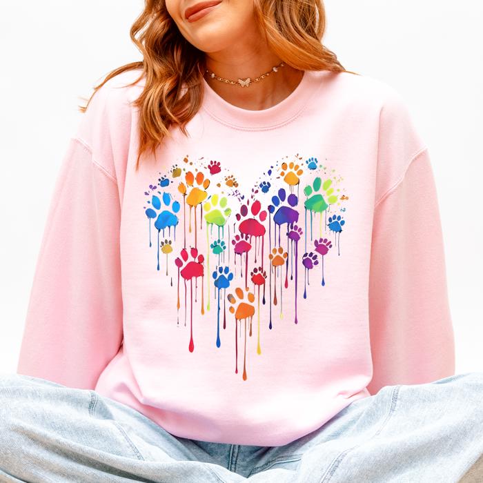 Colorful Dog Paw Print Heart Love Valentine's Day Cozy Graphic For Dog Lovers Sweatshirt