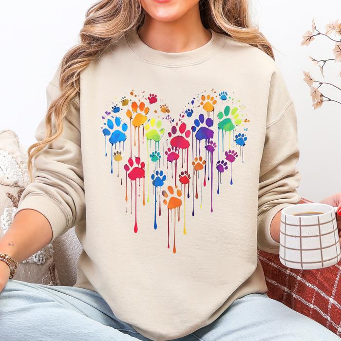 Colorful Dog Paw Print Heart Love Valentine's Day Cozy Graphic For Dog Lovers Sweatshirt