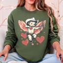 XL Military Green Cowboy Cupid Retro Valentine's Day Love Graphic Inspired By Classic Americana Nostalgia Sweatshirt
