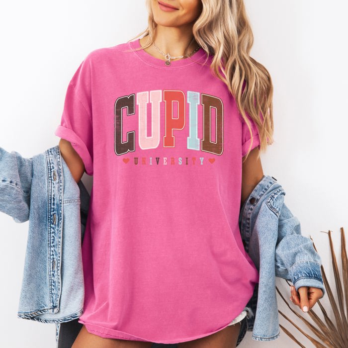 Cupid University Classic Valentine's Day Love Varsity Collegiate Crest Edition Heritage Comfort Colors Tee