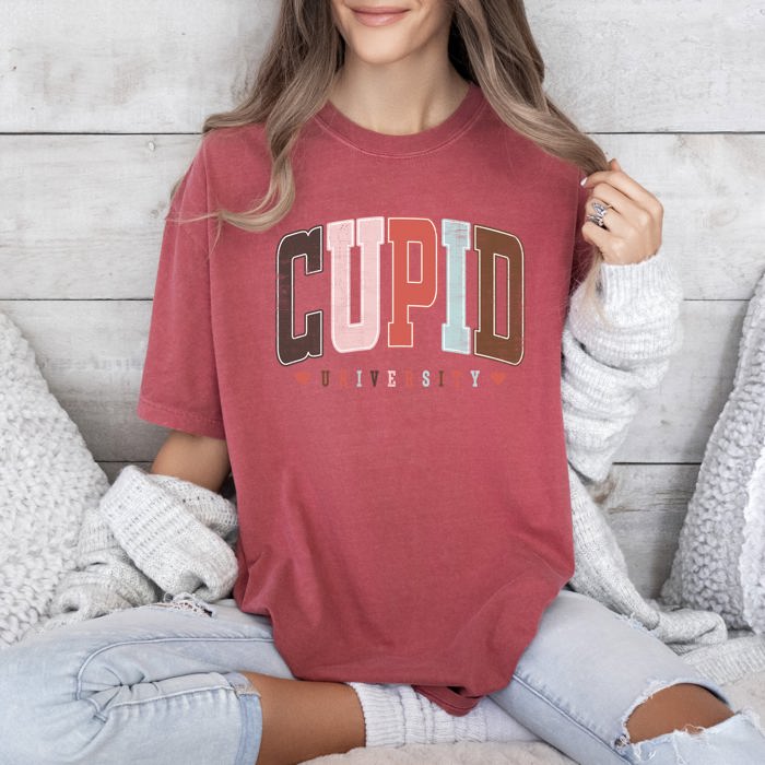 Cupid University Classic Valentine's Day Love Varsity Collegiate Crest Edition Heritage Comfort Colors Tee