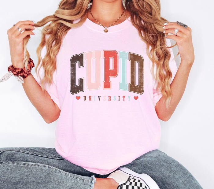 Cupid University Classic Valentine's Day Love Varsity Collegiate Crest Edition Heritage Comfort Colors Tee