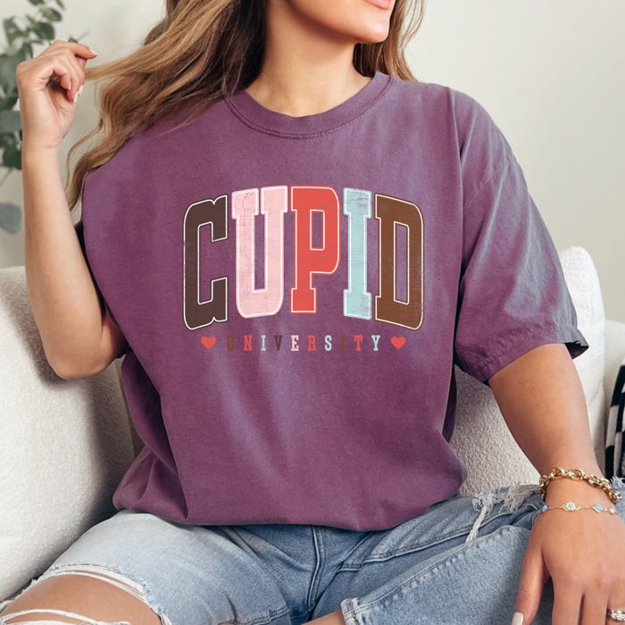 Cupid University Classic Valentine's Day Love Varsity Collegiate Crest Edition Heritage Comfort Colors Tee