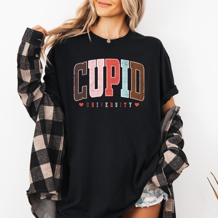 Cupid University Classic Valentine's Day Love Varsity Collegiate Crest Edition Heritage Comfort Colors Tee