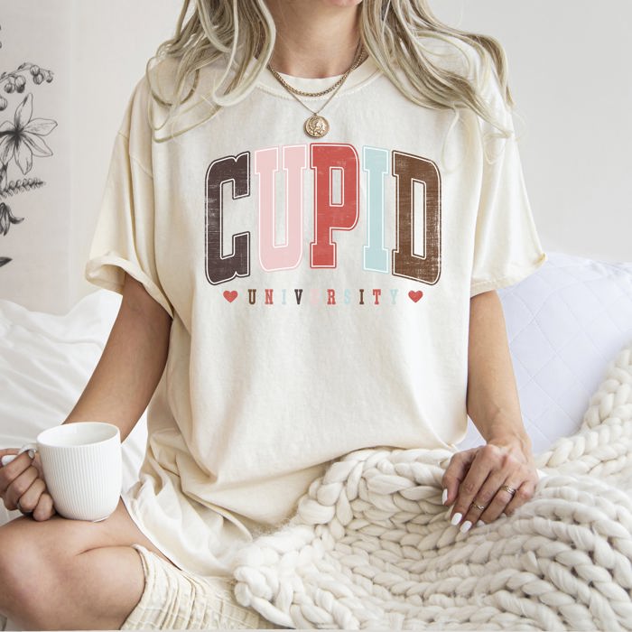 Cupid University Classic Valentine's Day Love Varsity Collegiate Crest Edition Heritage Comfort Colors Tee