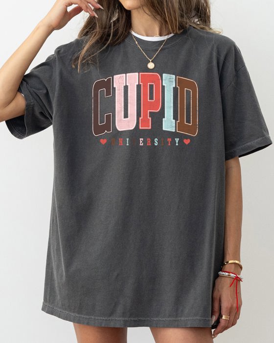 Cupid University Classic Valentine's Day Love Varsity Collegiate Crest Edition Heritage Comfort Colors Tee