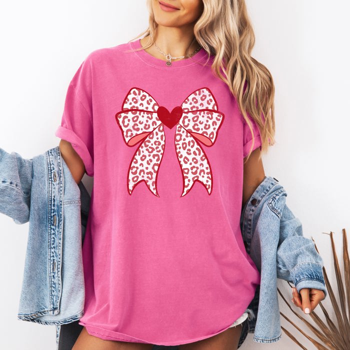 Leopard Print Bow Valentine’s Day Heart Love Statement Print Collection Comfort Colors Tee