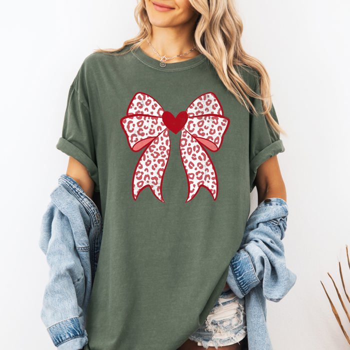Leopard Print Bow Valentine’s Day Heart Love Statement Print Collection Comfort Colors Tee