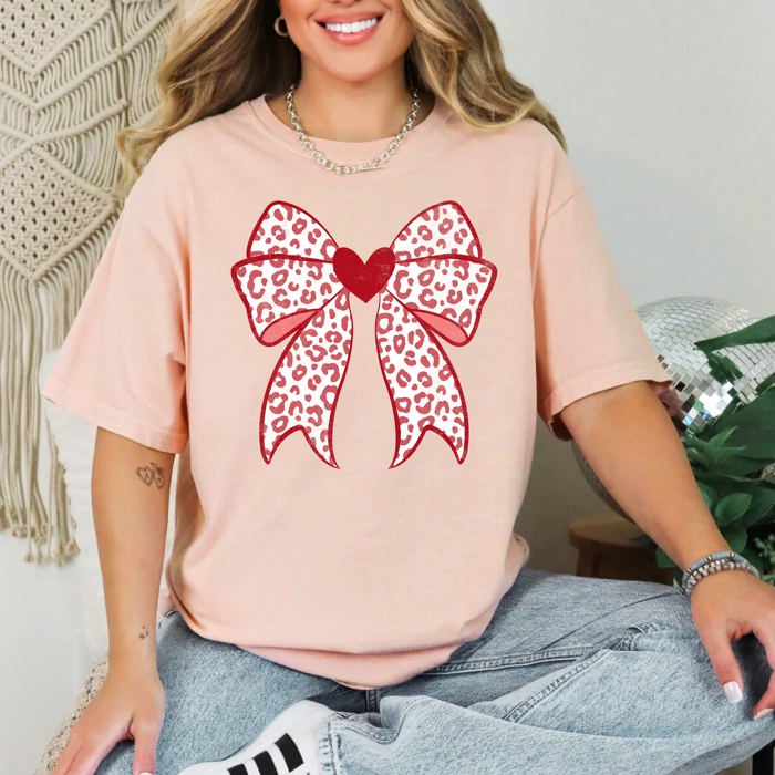 Leopard Print Bow Valentine’s Day Heart Love Statement Print Collection Comfort Colors Tee