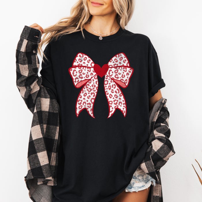 Leopard Print Bow Valentine’s Day Heart Love Statement Print Collection Comfort Colors Tee