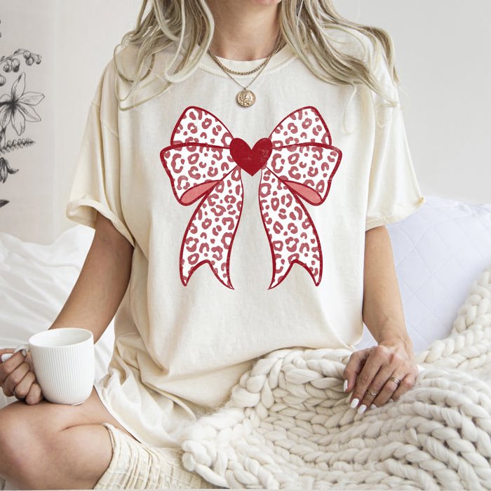 Leopard Print Bow Valentine’s Day Heart Love Statement Print Collection Comfort Colors Tee