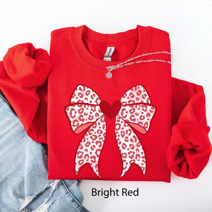 Leopard Print Bow Valentine's Day Heart Love Graphic Holiday Cozy Festive Warm Sweatshirt