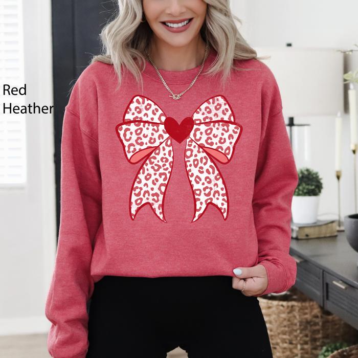 Leopard Print Bow Valentine's Day Heart Love Graphic Holiday Cozy Festive Warm Sweatshirt