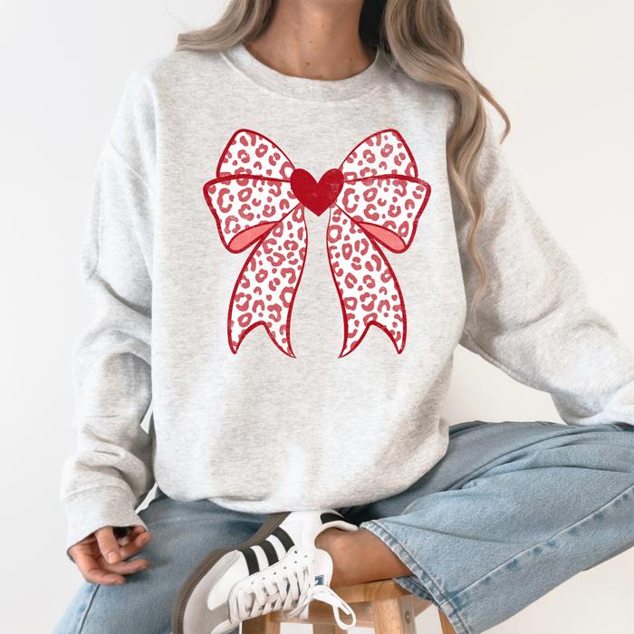 Leopard Print Bow Valentine's Day Heart Love Graphic Holiday Cozy Festive Warm Sweatshirt