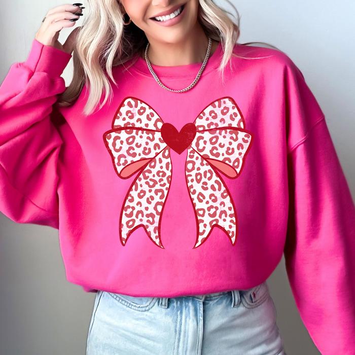 Leopard Print Bow Valentine's Day Heart Love Graphic Holiday Cozy Festive Warm Sweatshirt