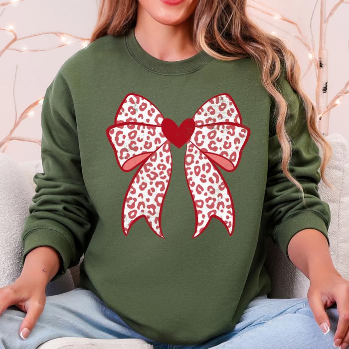 Leopard Print Bow Valentine's Day Heart Love Graphic Holiday Cozy Festive Warm Sweatshirt