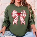 Small Military Green Leopard Print Bow Valentine's Day Heart Love Graphic Holiday Cozy Festive Warm Sweatshirt