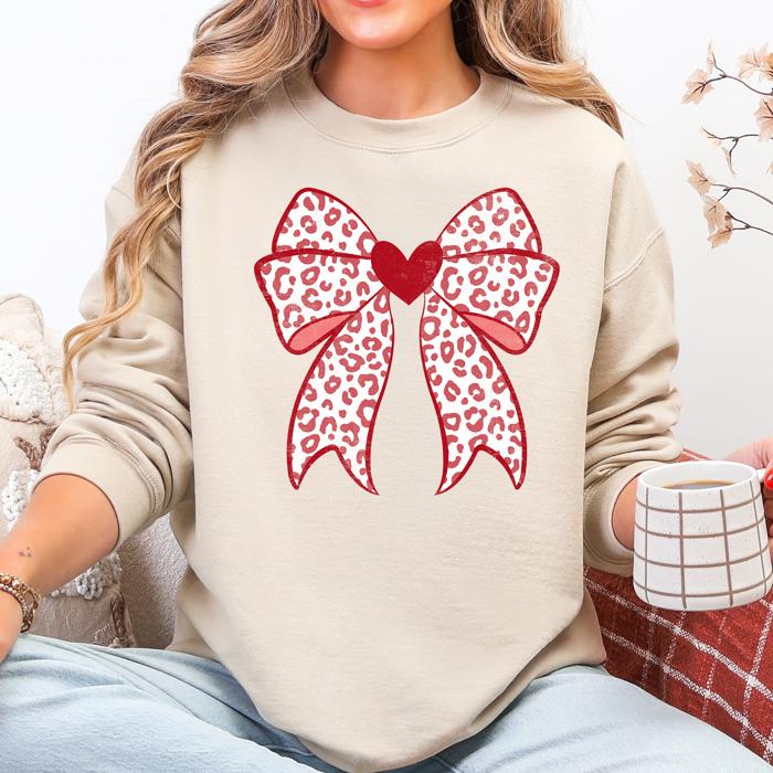 Leopard Print Bow Valentine's Day Heart Love Graphic Holiday Cozy Festive Warm Sweatshirt
