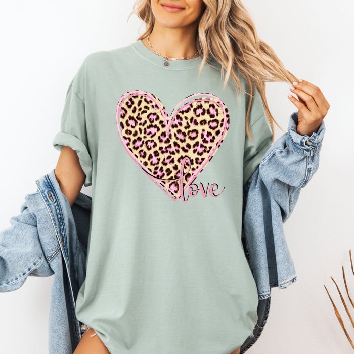 Leopard Print Heart Emblem With Love Valentine's Day Edition Deluxe Comfort Colors Tee
