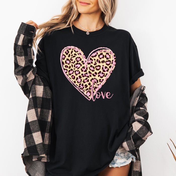 Leopard Print Heart Emblem With Love Valentine's Day Edition Deluxe Comfort Colors Tee