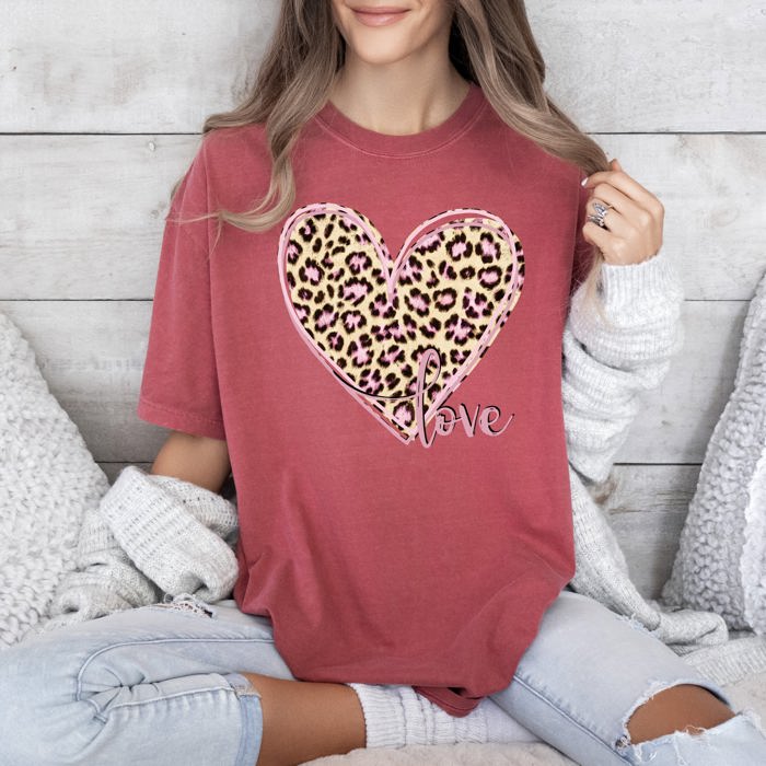Leopard Print Heart Emblem With Love Valentine's Day Edition Deluxe Comfort Colors Tee