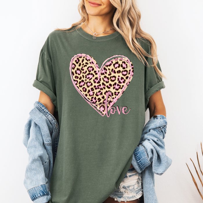 Leopard Print Heart Emblem With Love Valentine's Day Edition Deluxe Comfort Colors Tee