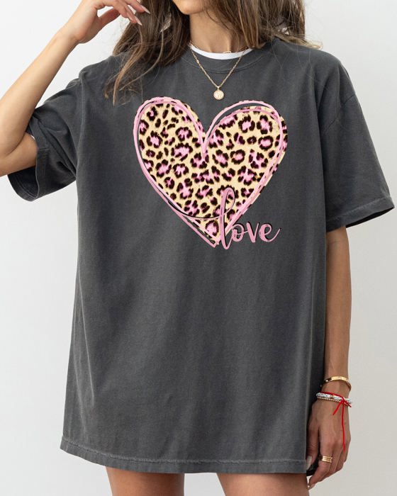 Leopard Print Heart Emblem With Love Valentine's Day Edition Deluxe Comfort Colors Tee