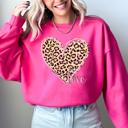 Small Heliconia Bright Pink Leopard Print Heart Love Valentine's Day Retro Vintage Cozy Warm Fleece Graphic Sweatshirt