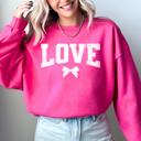 Medium Heliconia Bright Pink Love Is All You Need Bow Varsity Valentine's Day Retro-Inspired Classic Lettering Sweatshirt