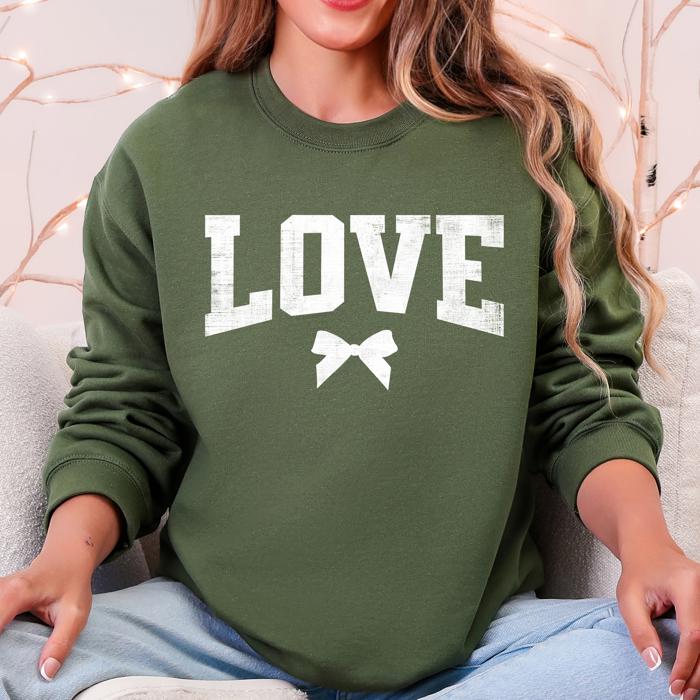 Love Is All You Need Bow Varsity Valentine's Day Retro-Inspired Classic Lettering Sweatshirt