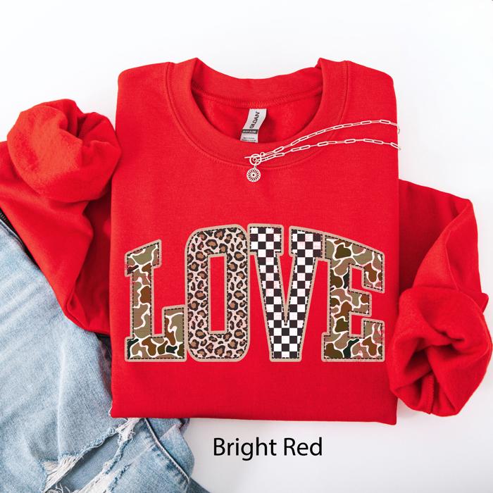 Love Checkered Camo Leopard Print Retro Valentine's Day Cozy Vintage Varsity Sweatshirt