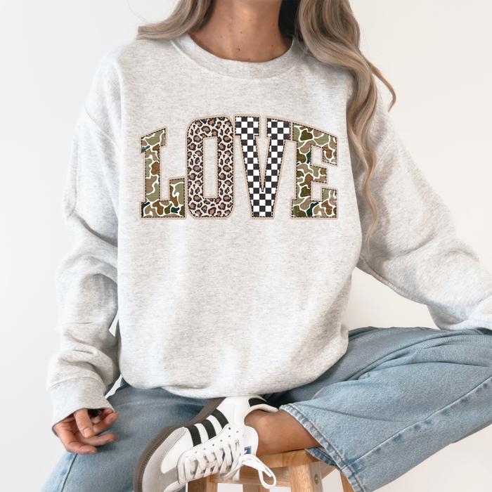 Love Checkered Camo Leopard Print Retro Valentine's Day Cozy Vintage Varsity Sweatshirt