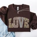 Small Dark Chocolate Love Checkered Camo Leopard Print Retro Valentine's Day Cozy Vintage Varsity Sweatshirt