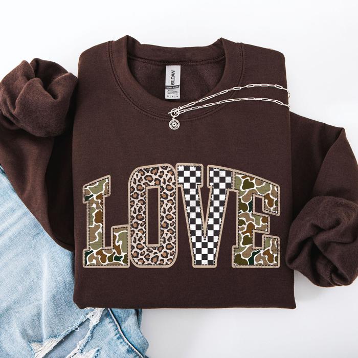 Love Checkered Camo Leopard Print Retro Valentine's Day Cozy Vintage Varsity Sweatshirt