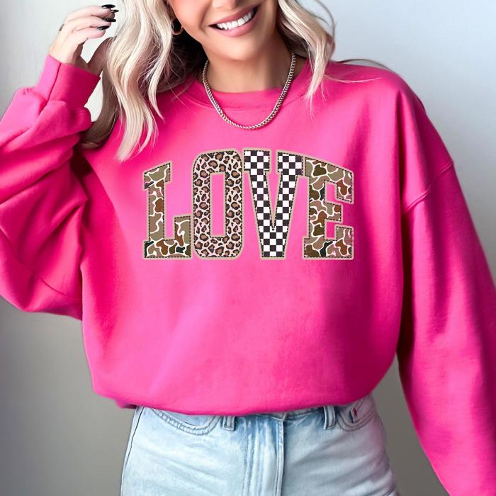 Love Checkered Camo Leopard Print Retro Valentine's Day Cozy Vintage Varsity Sweatshirt