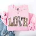 Large Light Pink Love Checkered Camo Leopard Print Retro Valentine's Day Cozy Vintage Varsity Sweatshirt
