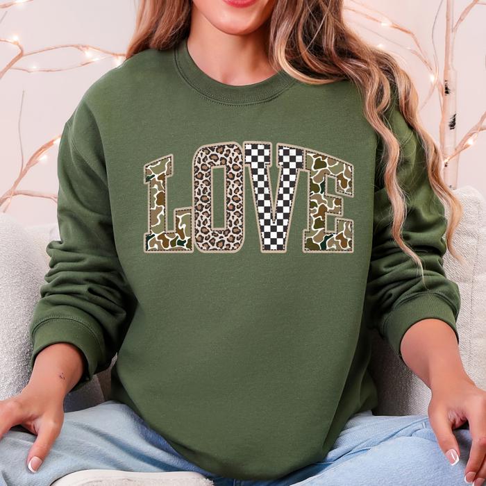 Love Checkered Camo Leopard Print Retro Valentine's Day Cozy Vintage Varsity Sweatshirt