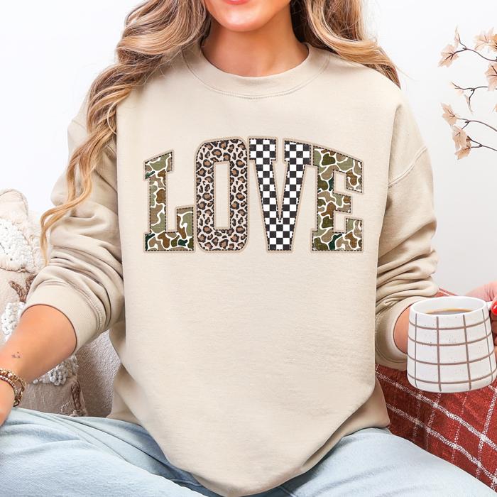 Love Checkered Camo Leopard Print Retro Valentine's Day Cozy Vintage Varsity Sweatshirt