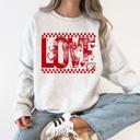 XL Ash Light Gray Love Checkered Hearts Valentines Day Retro Varsity Style Graphic Limited Edition Sweatshirt