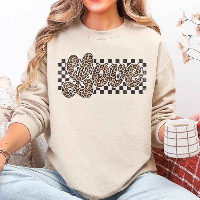 Love Checkered Leopard Print Valentine's Day Limited Edition Cozy Retro Varsity Sweatshirt