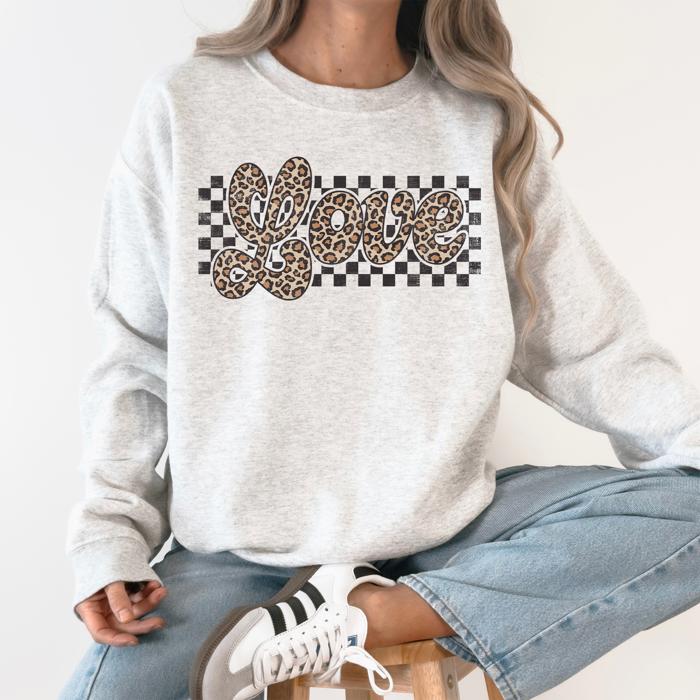 Love Checkered Leopard Print Valentine's Day Limited Edition Cozy Retro Varsity Sweatshirt