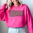 Medium Heliconia Bright Pink Love Checkered Leopard Print Valentine's Day Limited Edition Cozy Retro Varsity Sweatshirt
