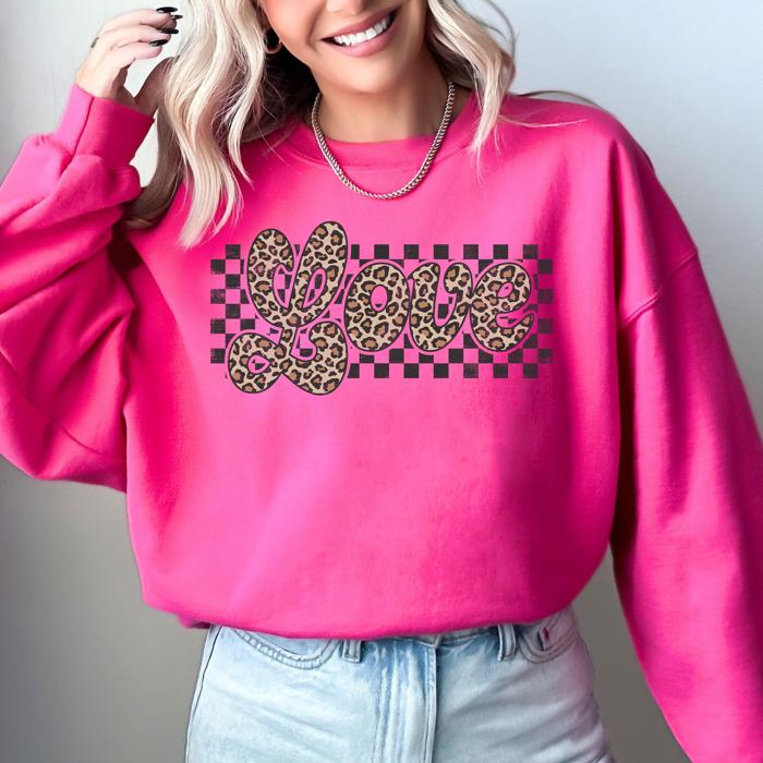 Love Checkered Leopard Print Valentine's Day Limited Edition Cozy Retro Varsity Sweatshirt
