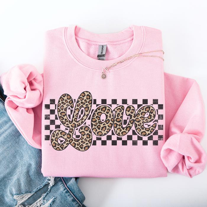 Love Checkered Leopard Print Valentine's Day Limited Edition Cozy Retro Varsity Sweatshirt