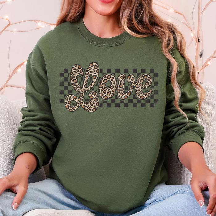 Love Checkered Leopard Print Valentine's Day Limited Edition Cozy Retro Varsity Sweatshirt