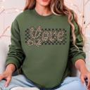 Small Military Green Love Checkered Leopard Print Valentine's Day Limited Edition Cozy Retro Varsity Sweatshirt