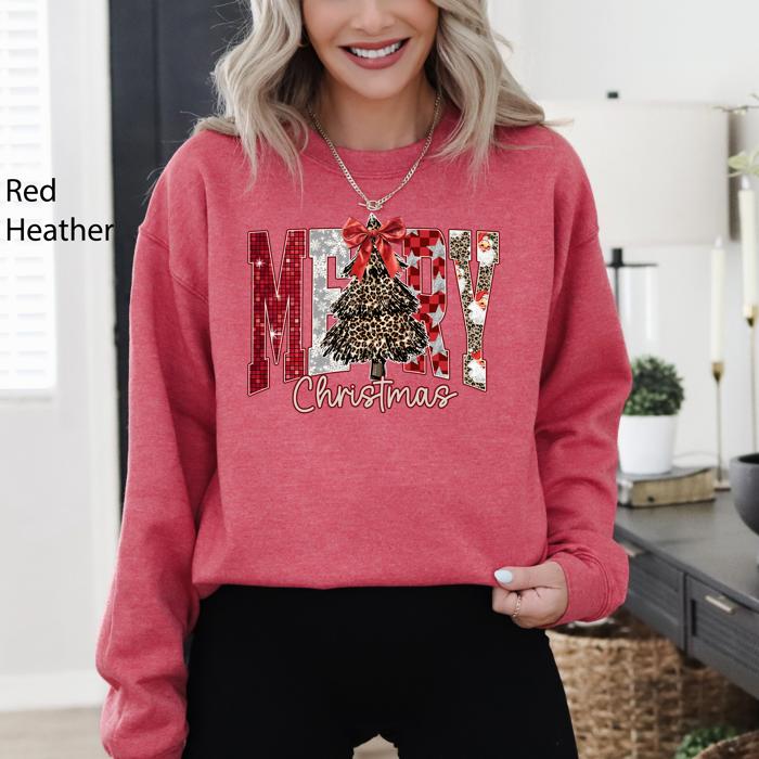 Merry Christmas Colorful Leopard Print Santa Retro-Inspired Cozy Fleece-Lined Sweatshirt