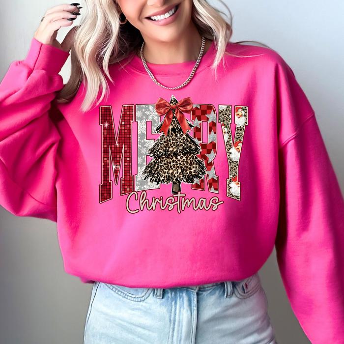 Merry Christmas Colorful Leopard Print Santa Retro-Inspired Cozy Fleece-Lined Sweatshirt