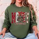 Large Military Green Merry Christmas Colorful Leopard Print Santa Retro-Inspired Cozy Fleece-Lined Sweatshirt